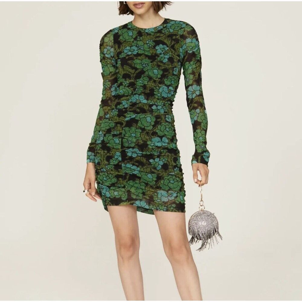 RACHEL COMEY Dress Womens XS Gant Green Floral Black Sheath Long Sleeve Stretch